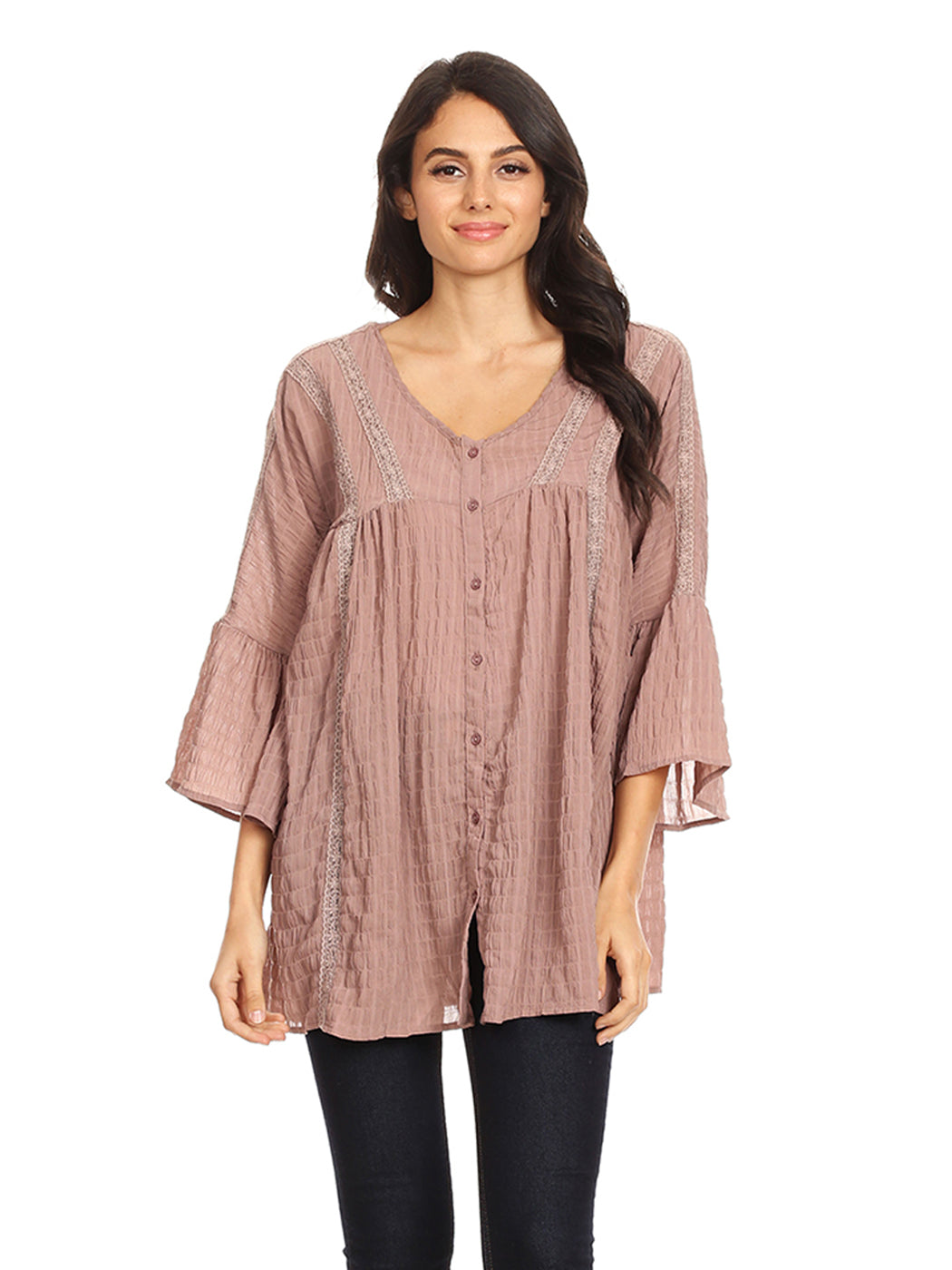 Blusa campesina de mujer con mangas acampanadas 3/4 y botones de crochet tejidos, color malva, talla pequeña