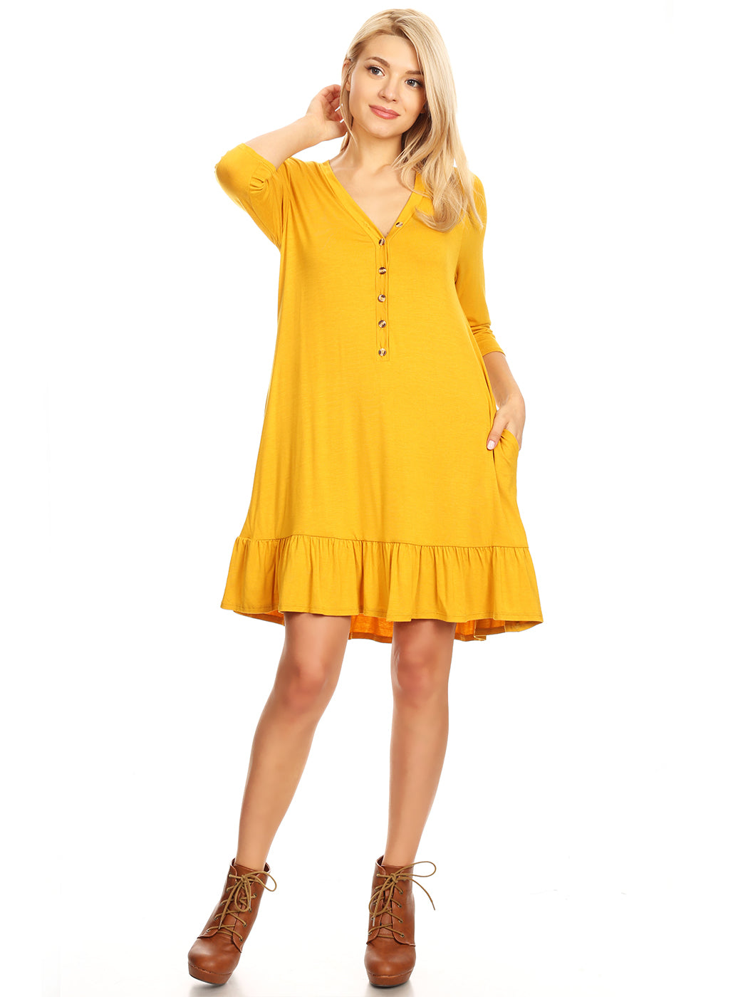 Button Down V-Neck Ruffle Tunic Dress