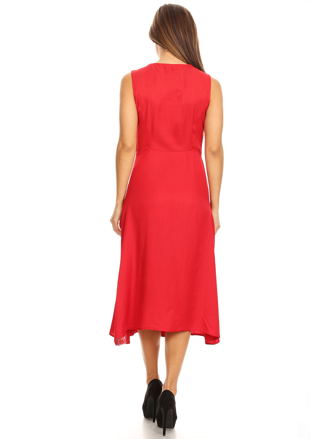V-Neck Button Sleeveless Midi Swing Dress