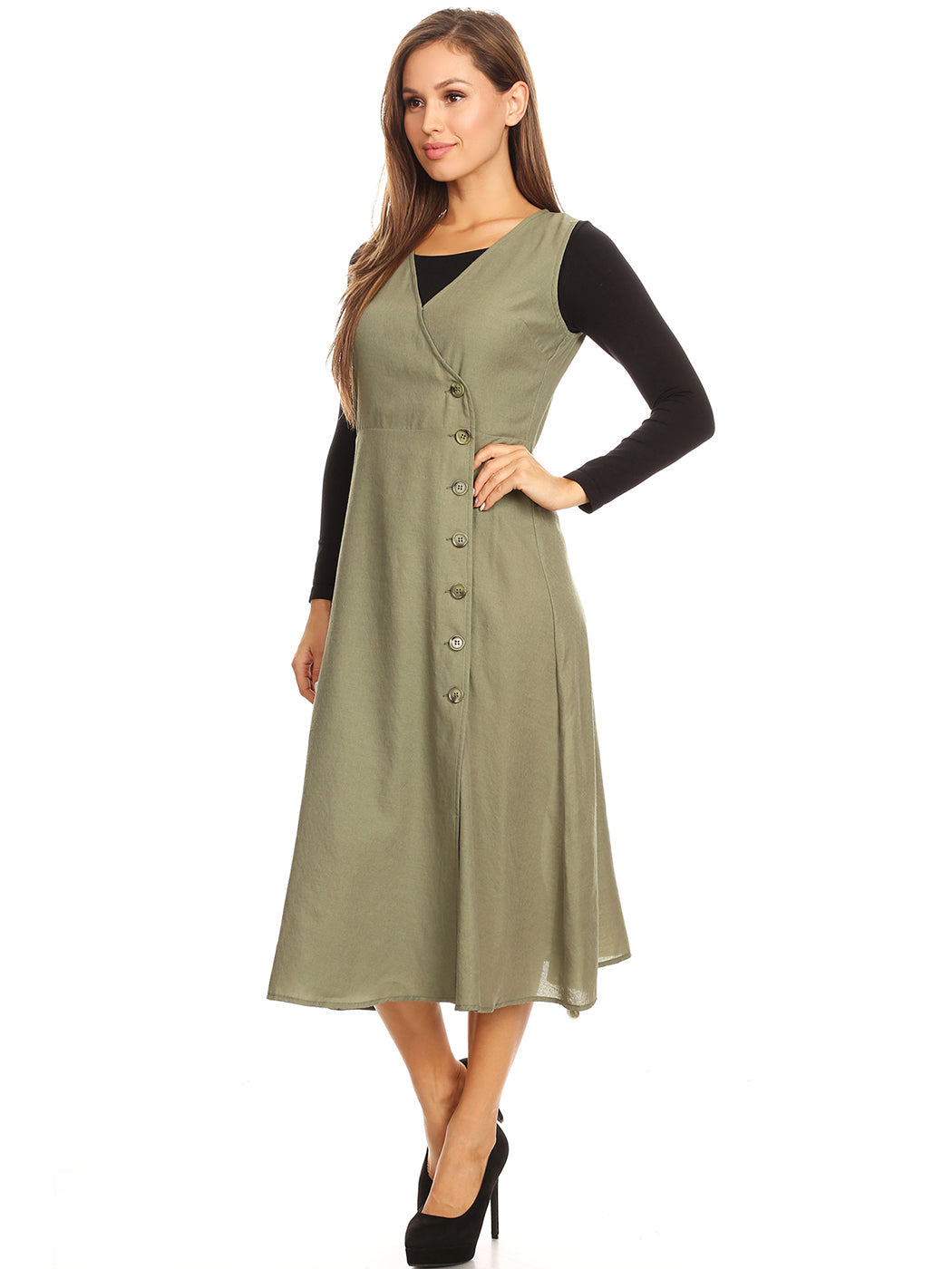 V-Neck Button Sleeveless Midi Swing Dress