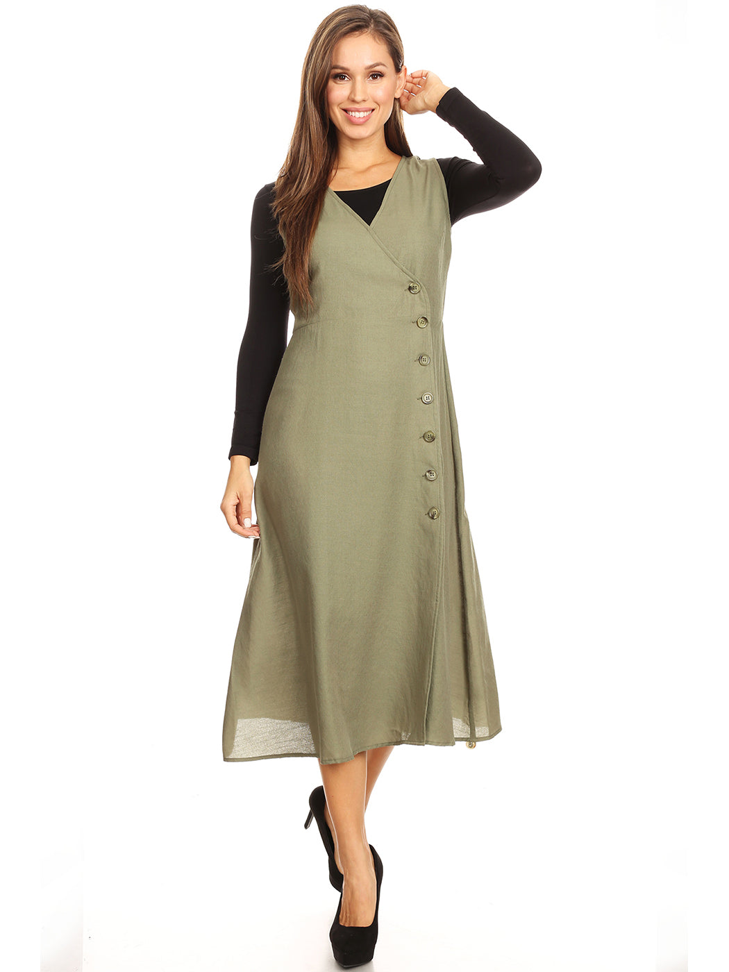 V-Neck Button Sleeveless Midi Swing Dress