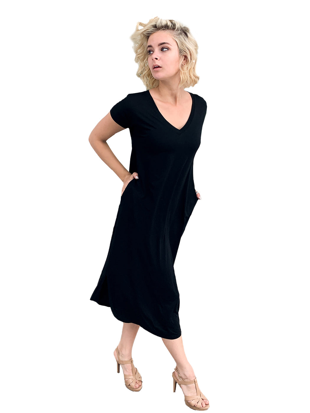 Vestido con abertura y manga corta con escote en V