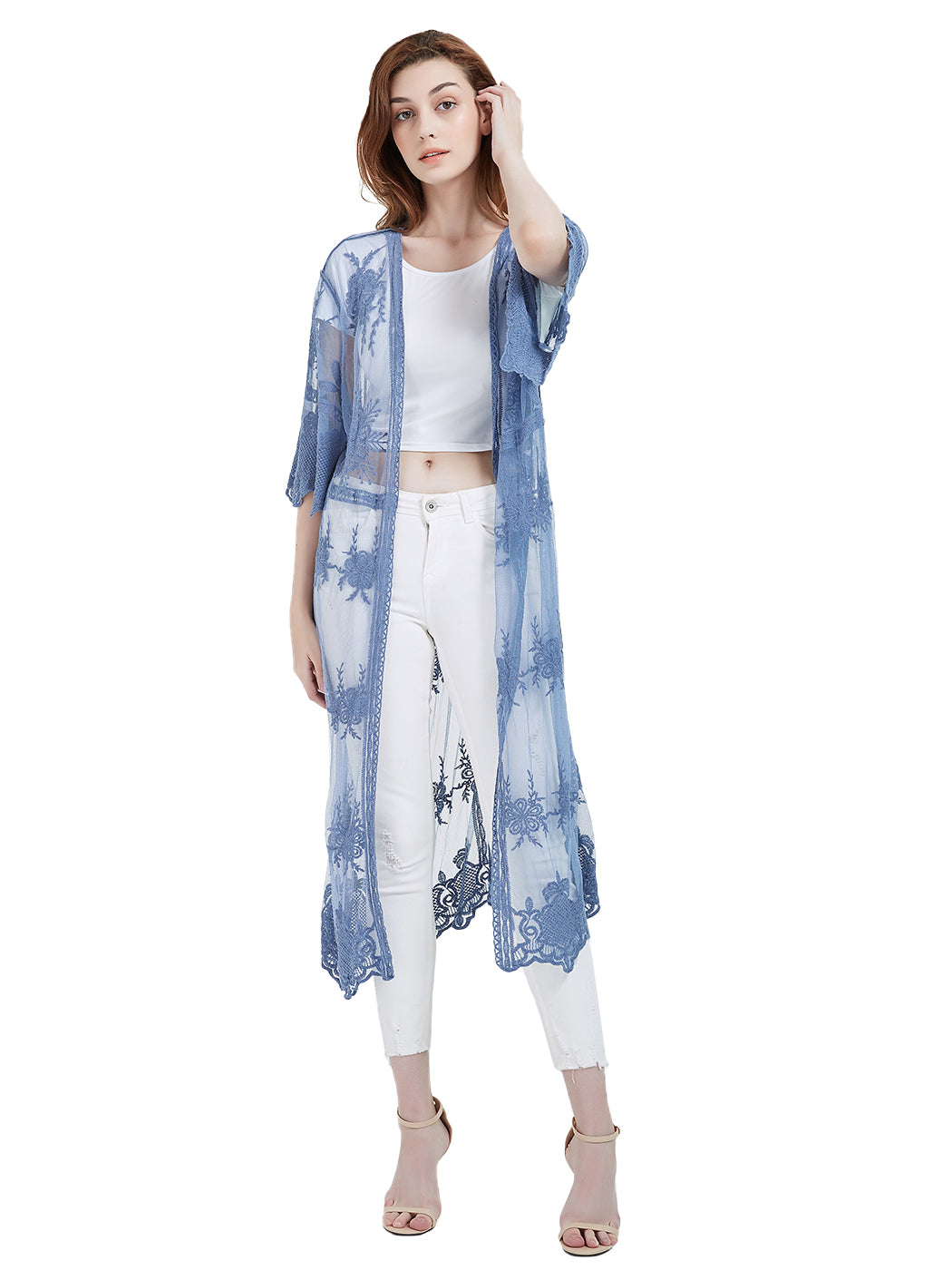 Kimono largo con bordado de encaje floral