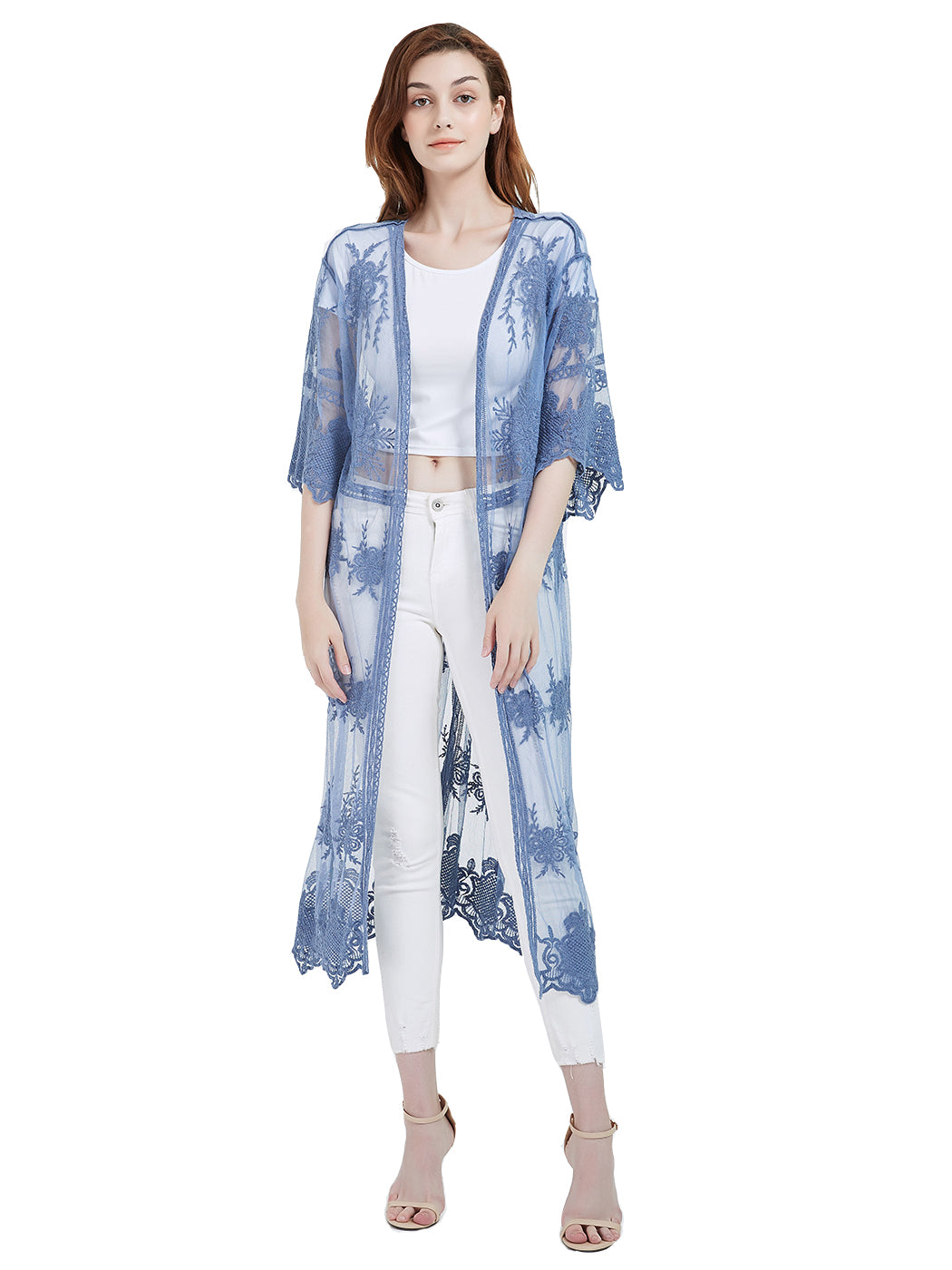 Kimono largo con bordado de encaje floral