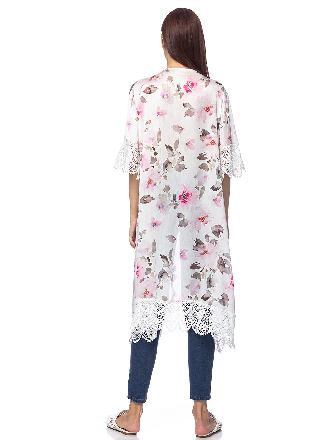 Kimono largo con bordado de encaje floral
