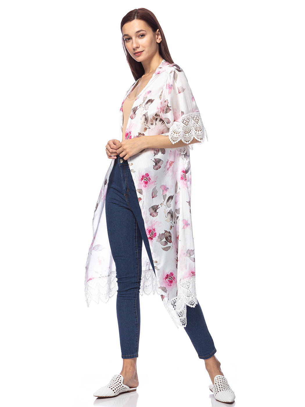 Kimono largo con bordado de encaje floral