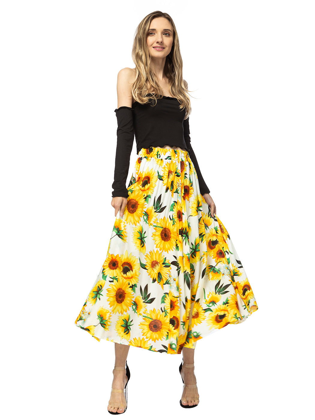 Sunflower Print Midi Maxi Skirt