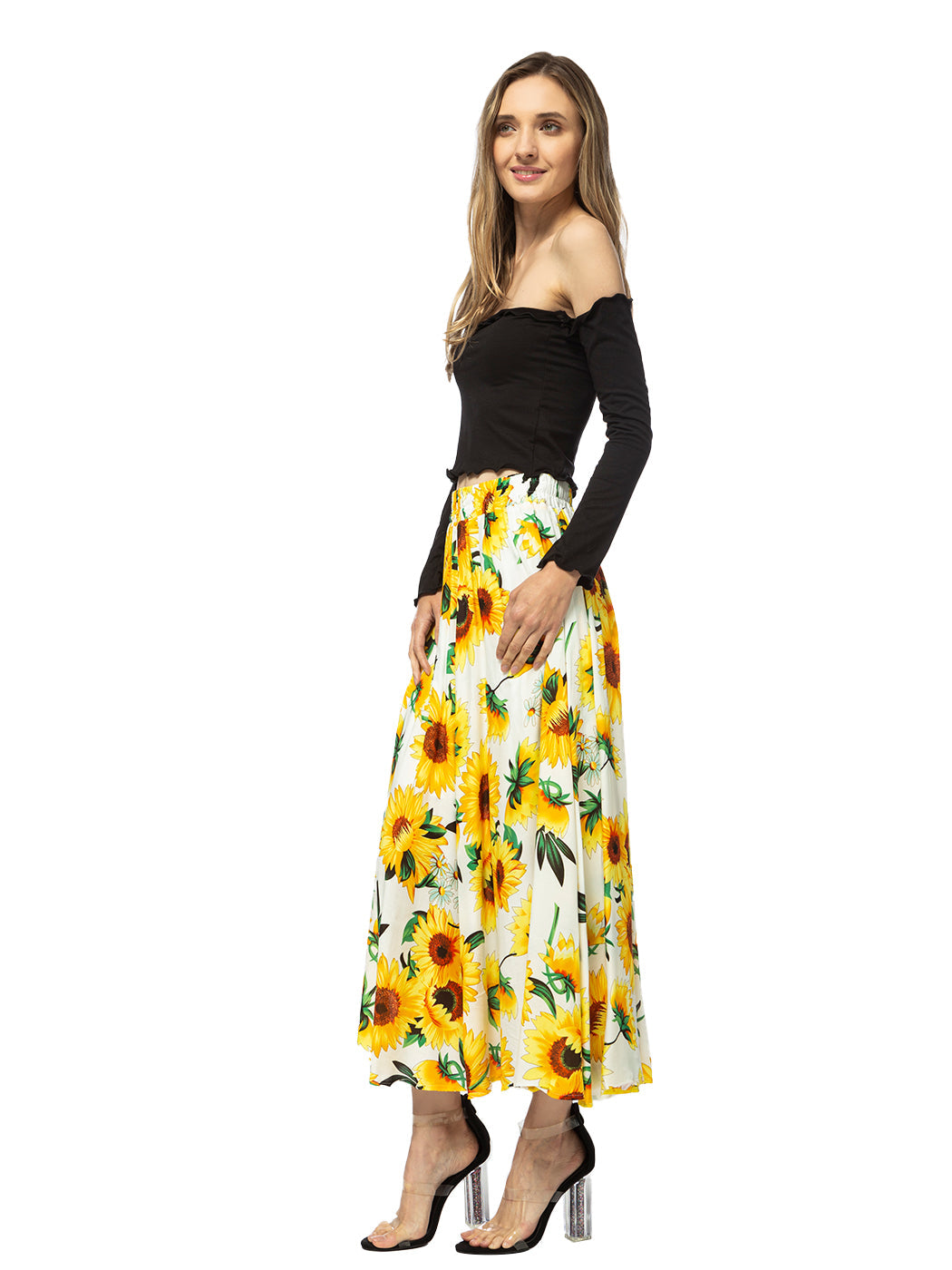 Sunflower Print Midi Maxi Skirt