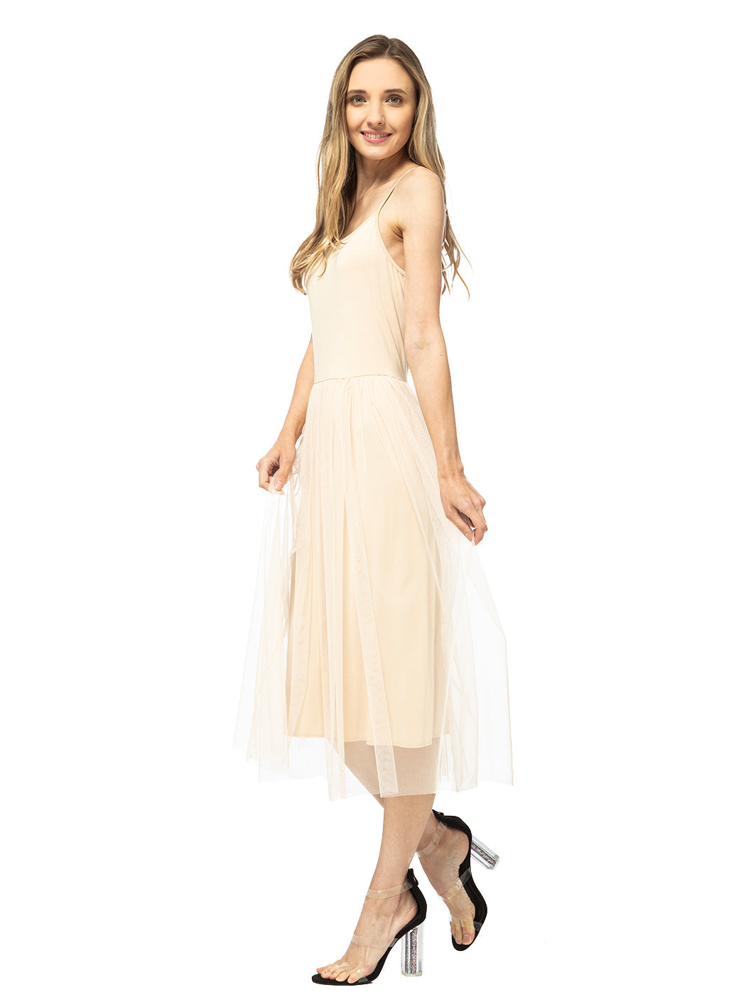 Vestido midi con volantes de tul y tutú