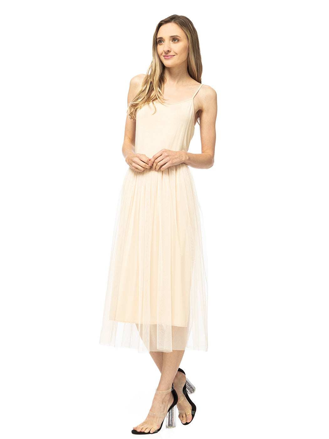 Vestido midi con volantes de tul y tutú
