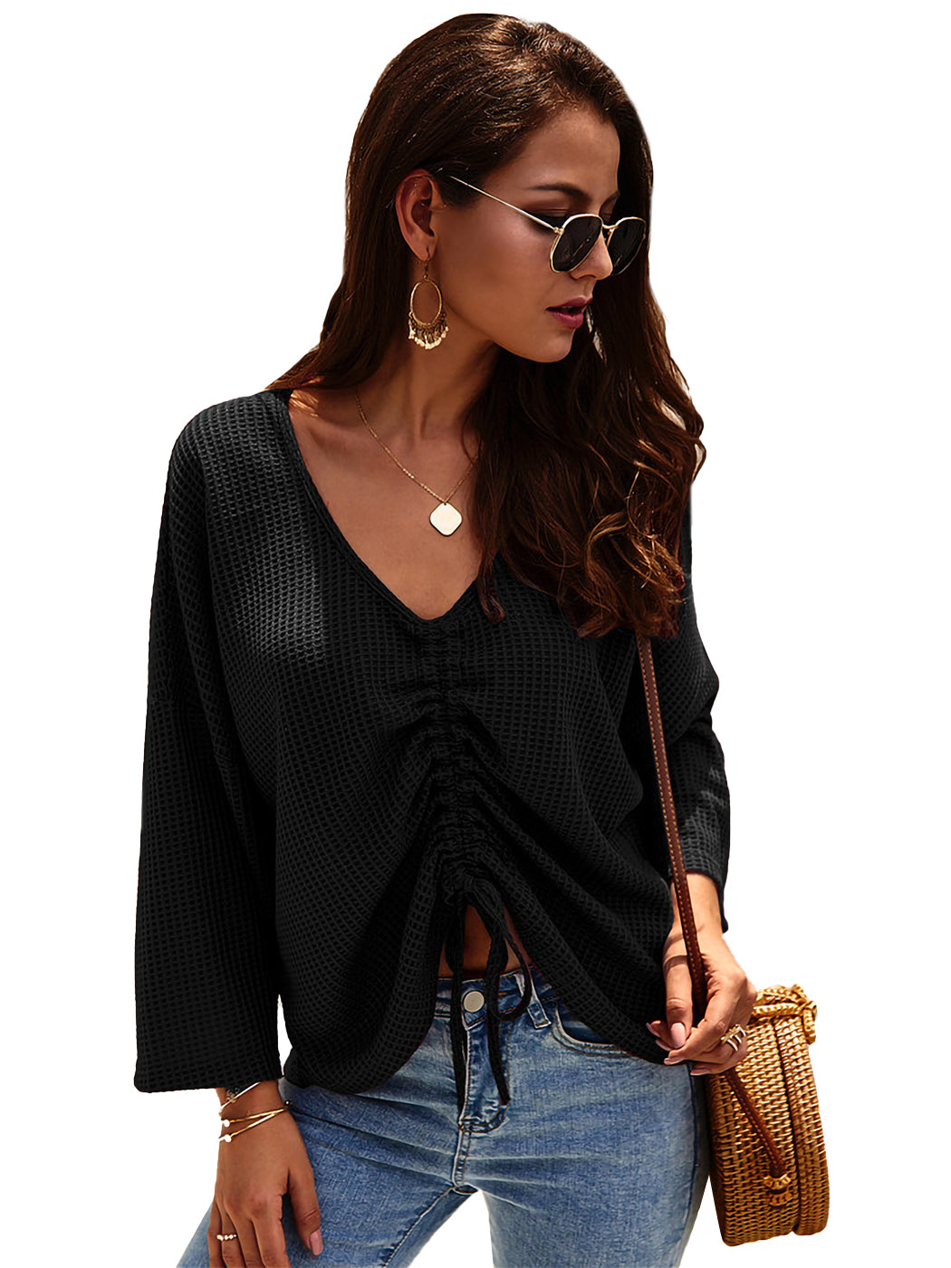 Blusa de manga fruncida con tejido gofre
