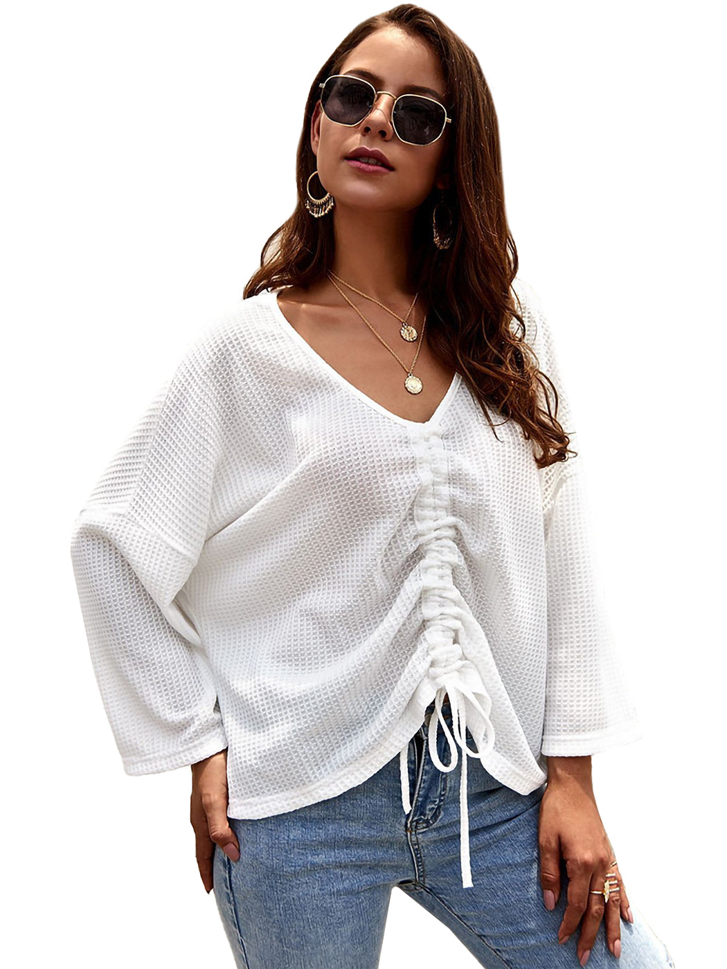 Blusa de manga fruncida con tejido gofre