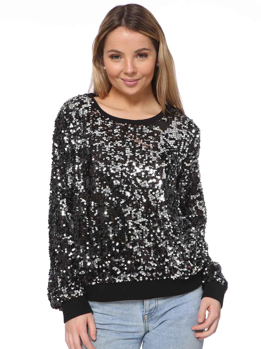 Sequin Sweatshirt Round Neck Top Long Sleeve Ribbed Cuffs Outerwear