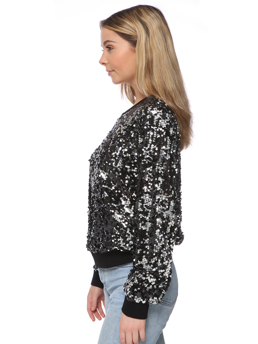 Sequin Sweatshirt Round Neck Top Long Sleeve Ribbed Cuffs Outerwear