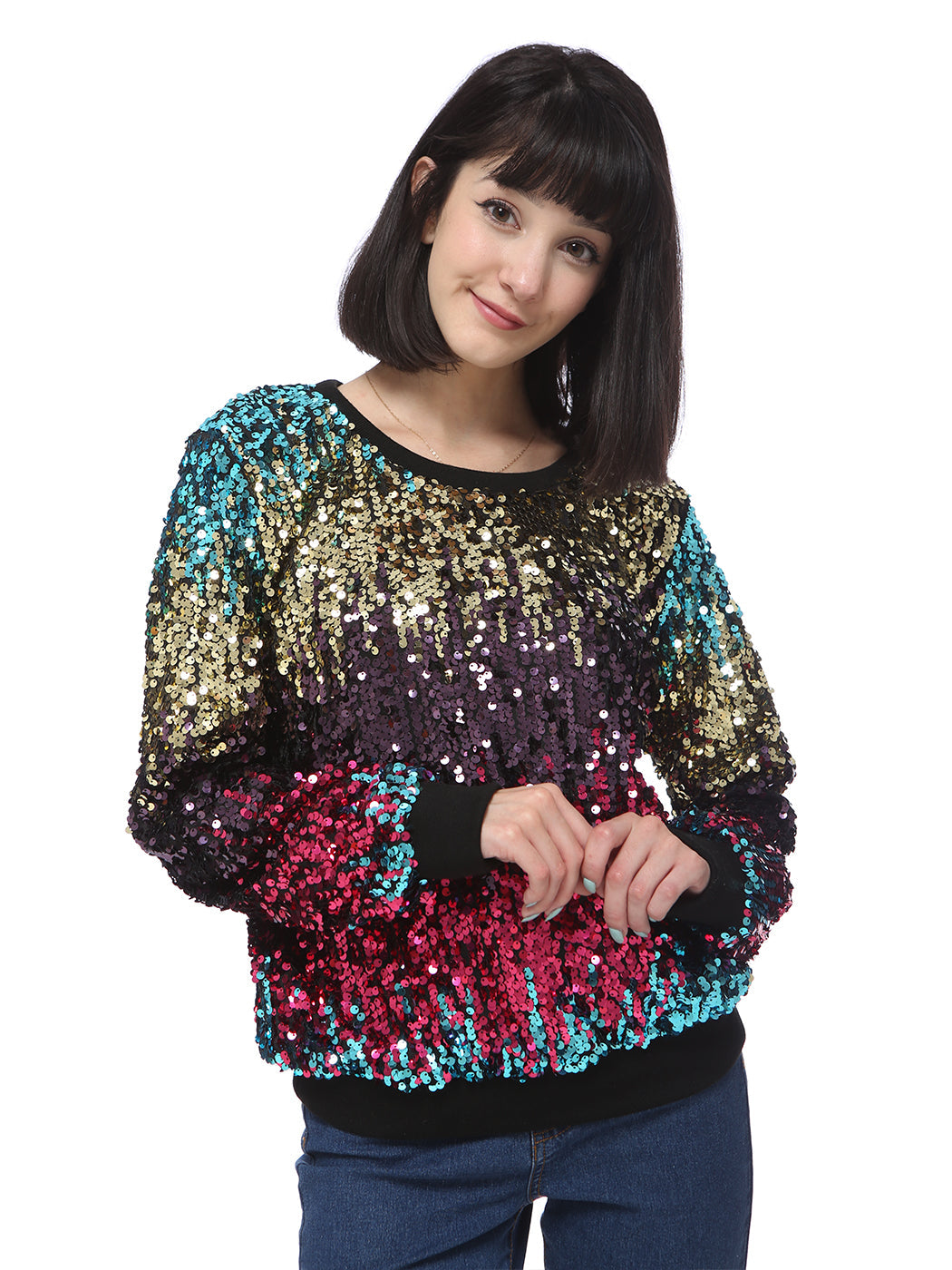 Sequin Sweatshirt Round Neck Top Long Sleeve Ribbed Cuffs Outerwear
