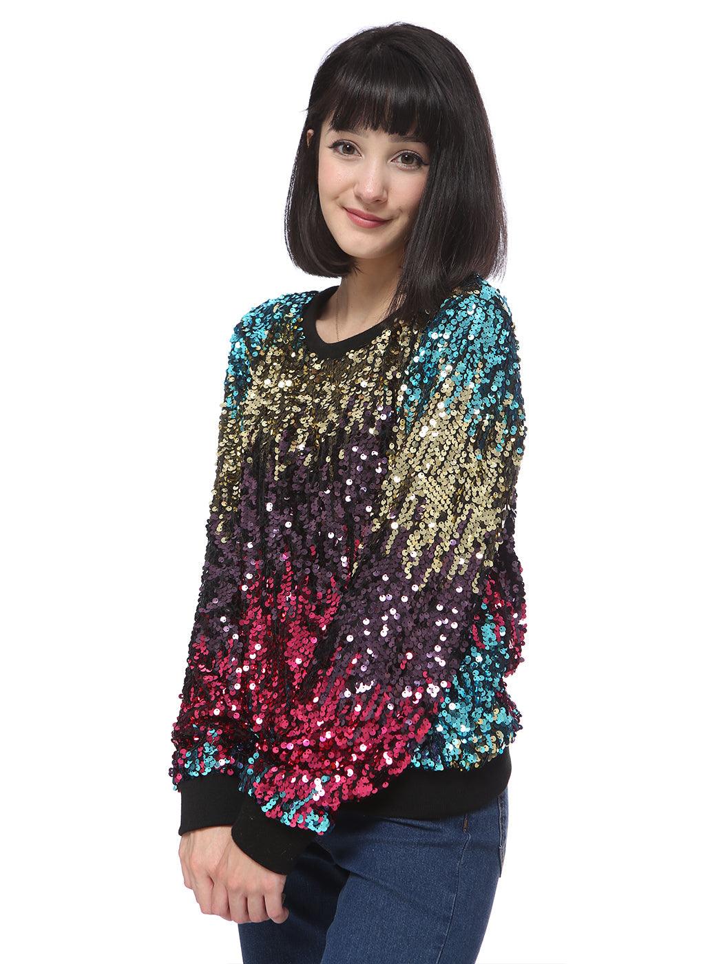 Sequin Sweatshirt Round Neck Top Long Sleeve Ribbed Cuffs Outerwear