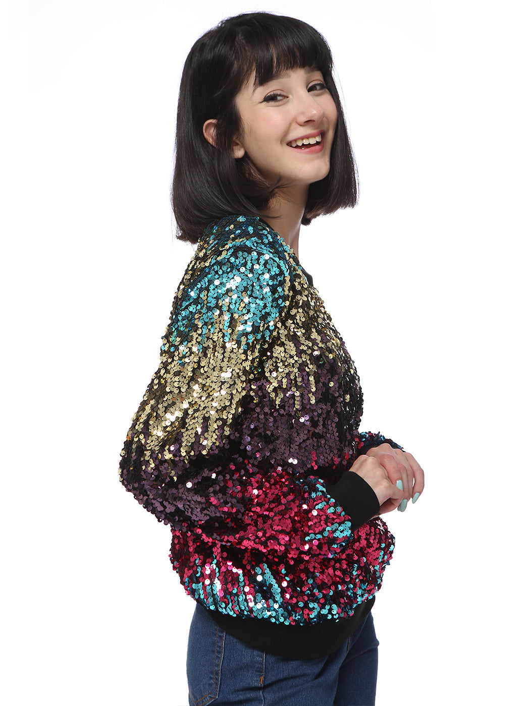 Sequin Sweatshirt Round Neck Top Long Sleeve Ribbed Cuffs Outerwear
