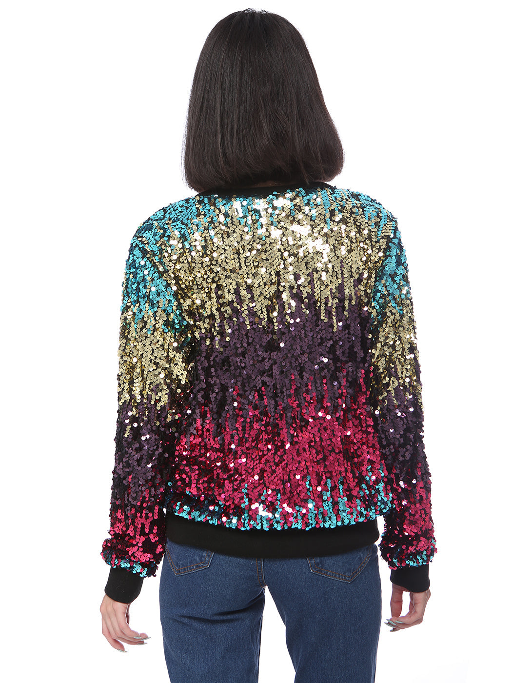 Sequin Sweatshirt Round Neck Top Long Sleeve Ribbed Cuffs Outerwear