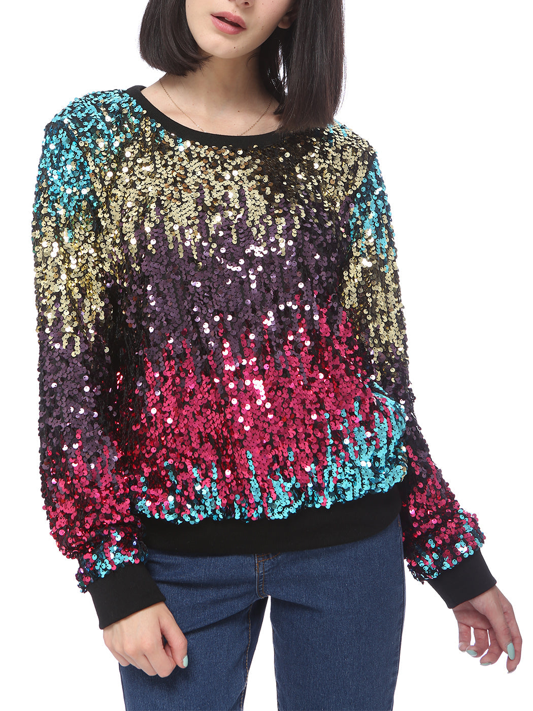 Sequin Sweatshirt Round Neck Top Long Sleeve Ribbed Cuffs Outerwear