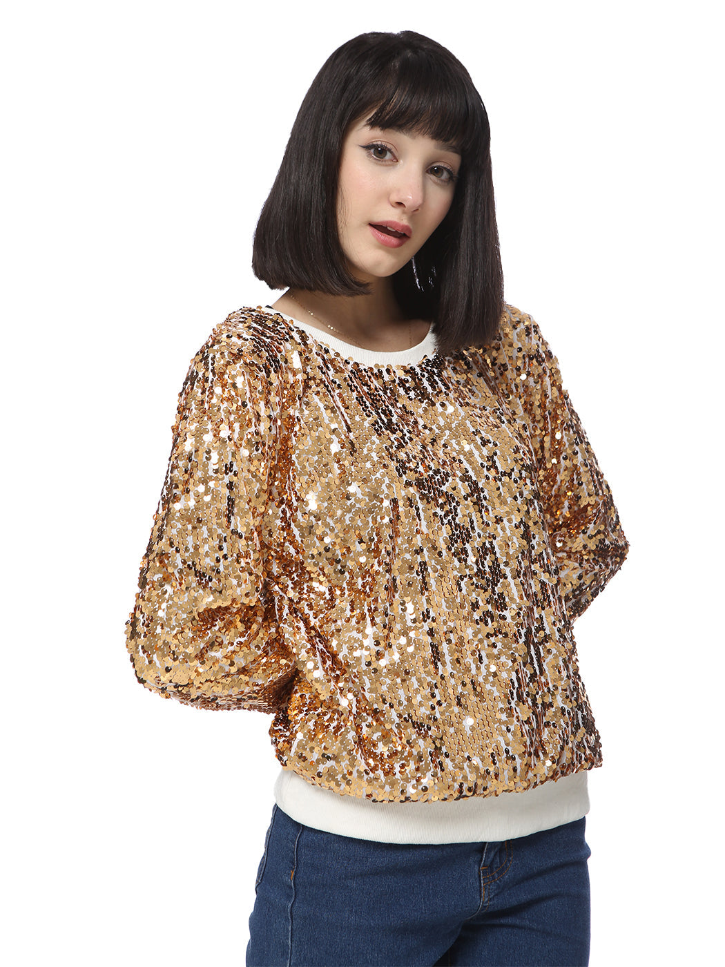 Sequin Sweatshirt Round Neck Top Long Sleeve Ribbed Cuffs Outerwear