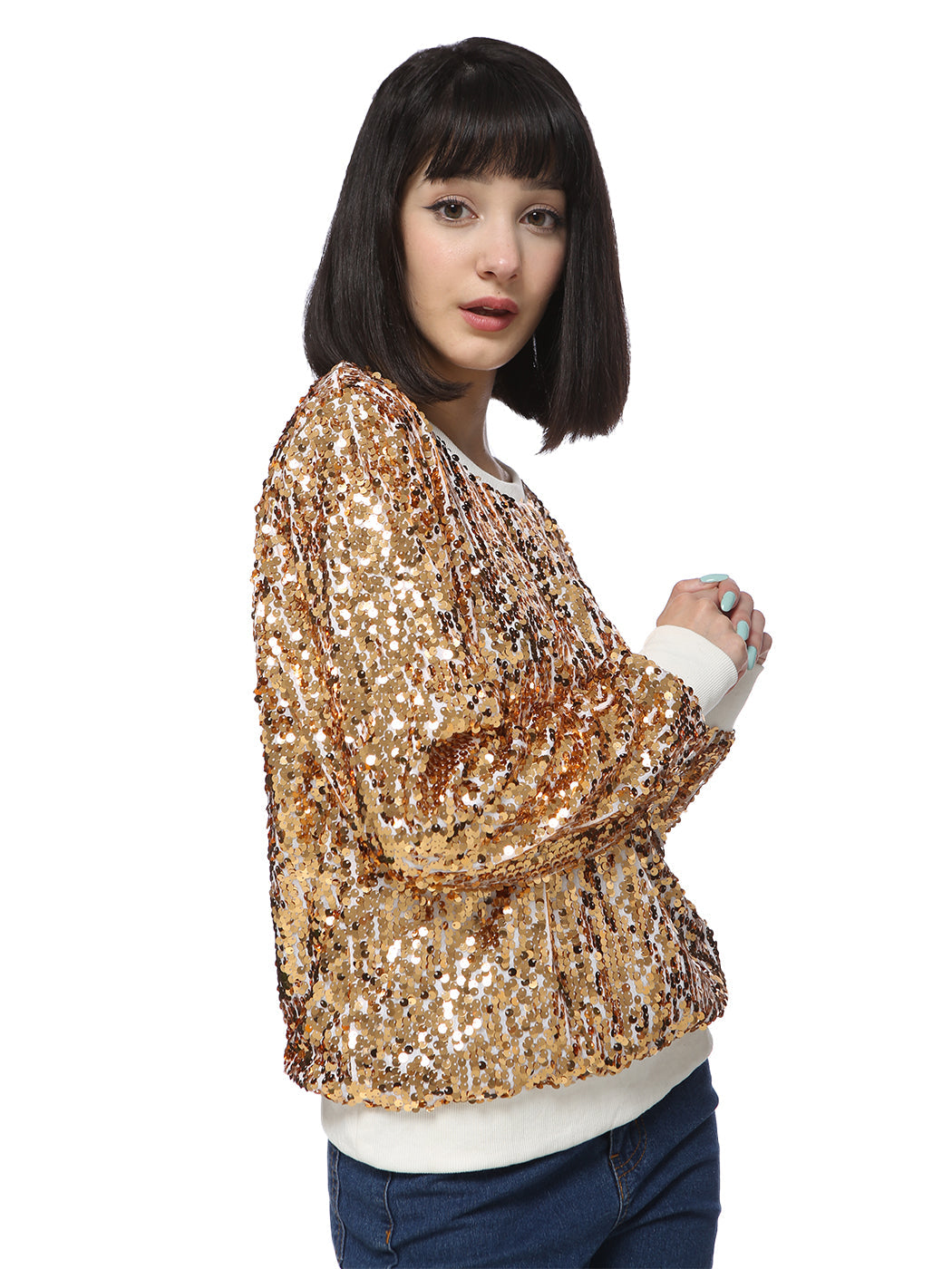 Sequin Sweatshirt Round Neck Top Long Sleeve Ribbed Cuffs Outerwear