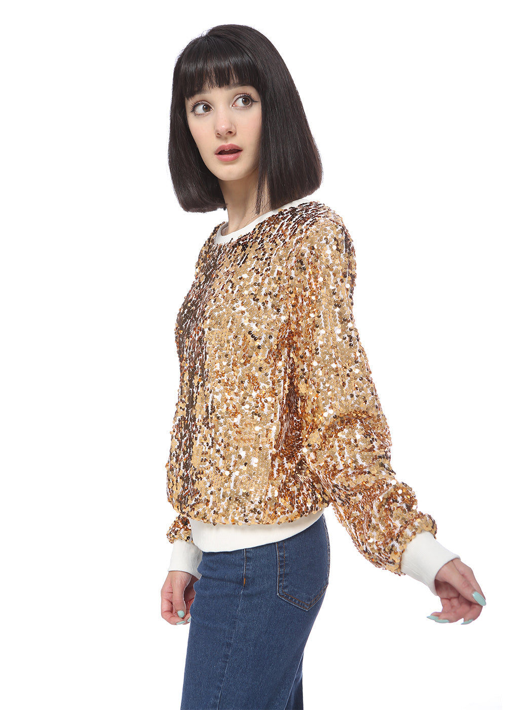Sequin Sweatshirt Round Neck Top Long Sleeve Ribbed Cuffs Outerwear