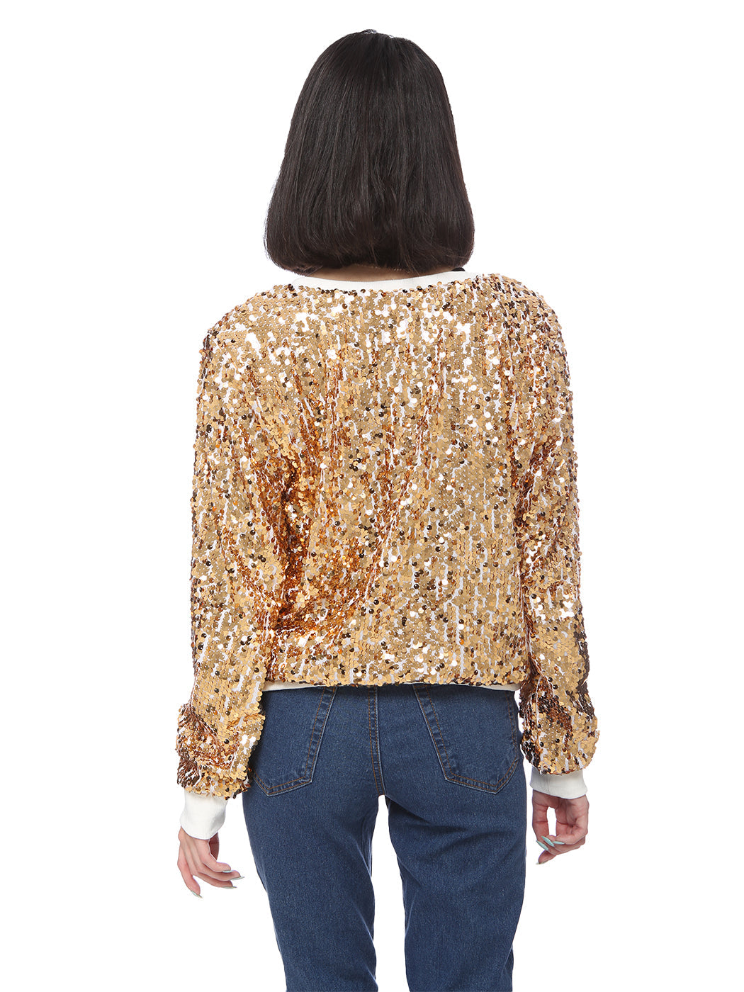 Sequin Sweatshirt Round Neck Top Long Sleeve Ribbed Cuffs Outerwear