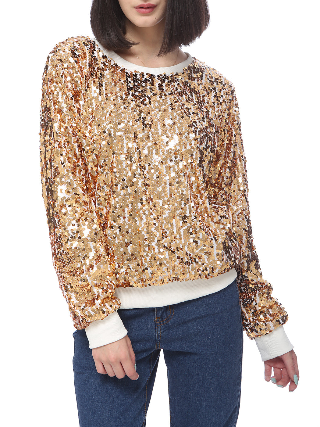 Sequin Sweatshirt Round Neck Top Long Sleeve Ribbed Cuffs Outerwear
