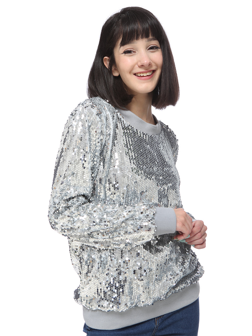 Sequin Sweatshirt Round Neck Top Long Sleeve Ribbed Cuffs Outerwear