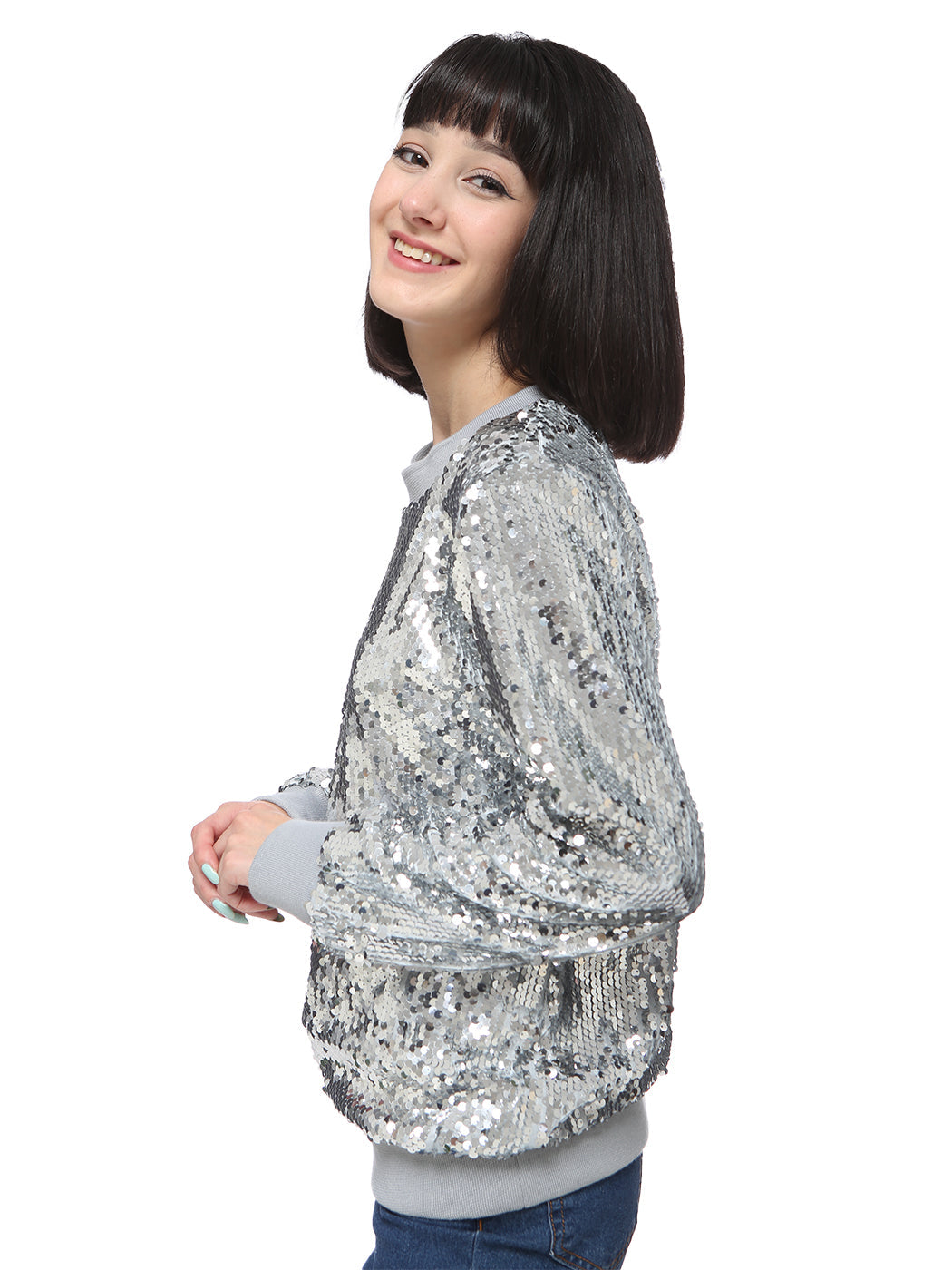 Sequin Sweatshirt Round Neck Top Long Sleeve Ribbed Cuffs Outerwear