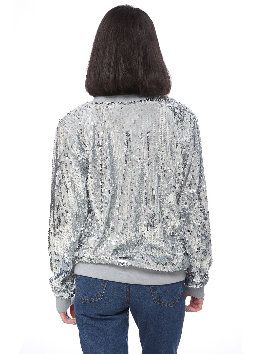 Sequin Sweatshirt Round Neck Top Long Sleeve Ribbed Cuffs Outerwear