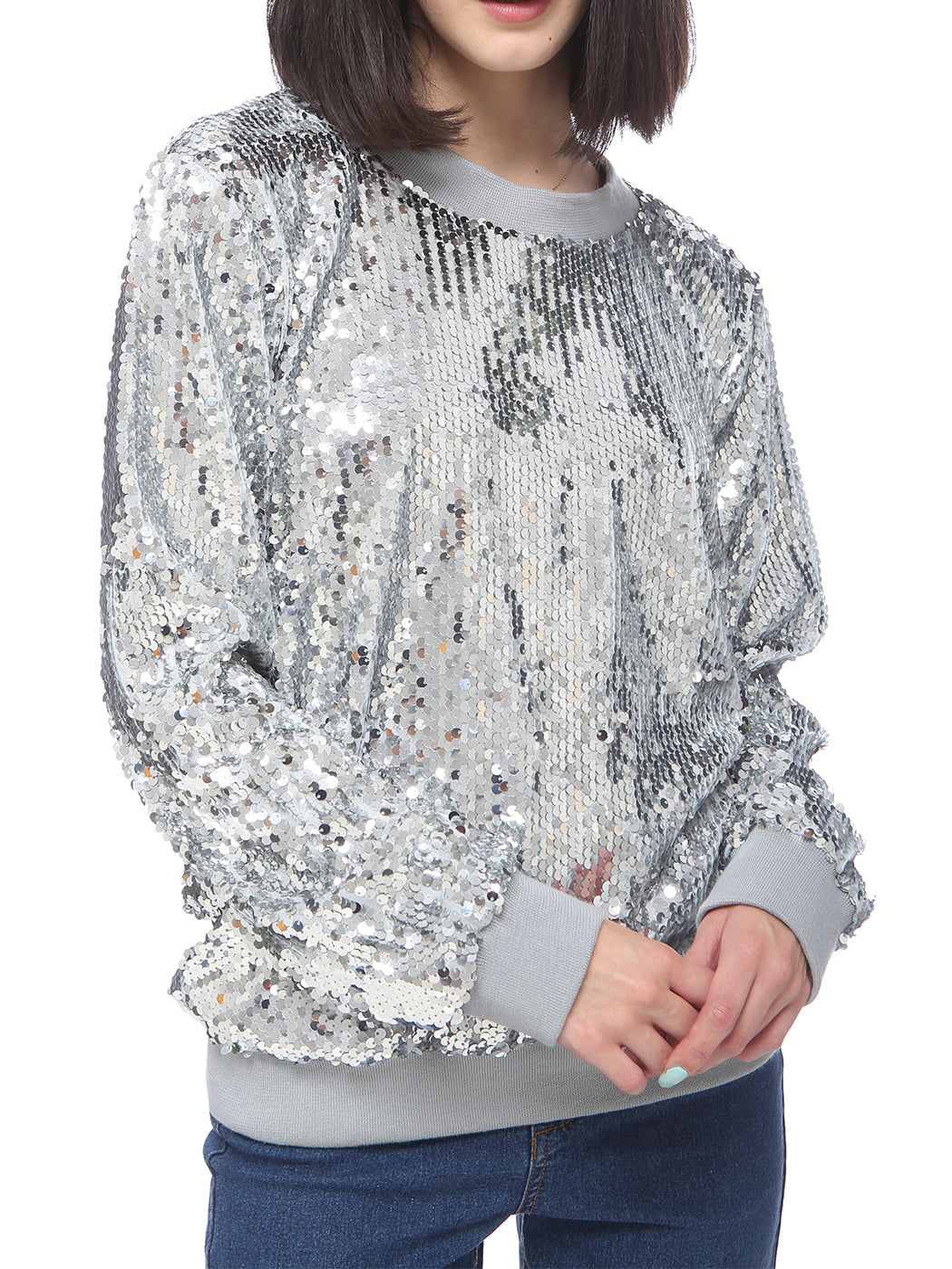 Sequin Sweatshirt Round Neck Top Long Sleeve Ribbed Cuffs Outerwear