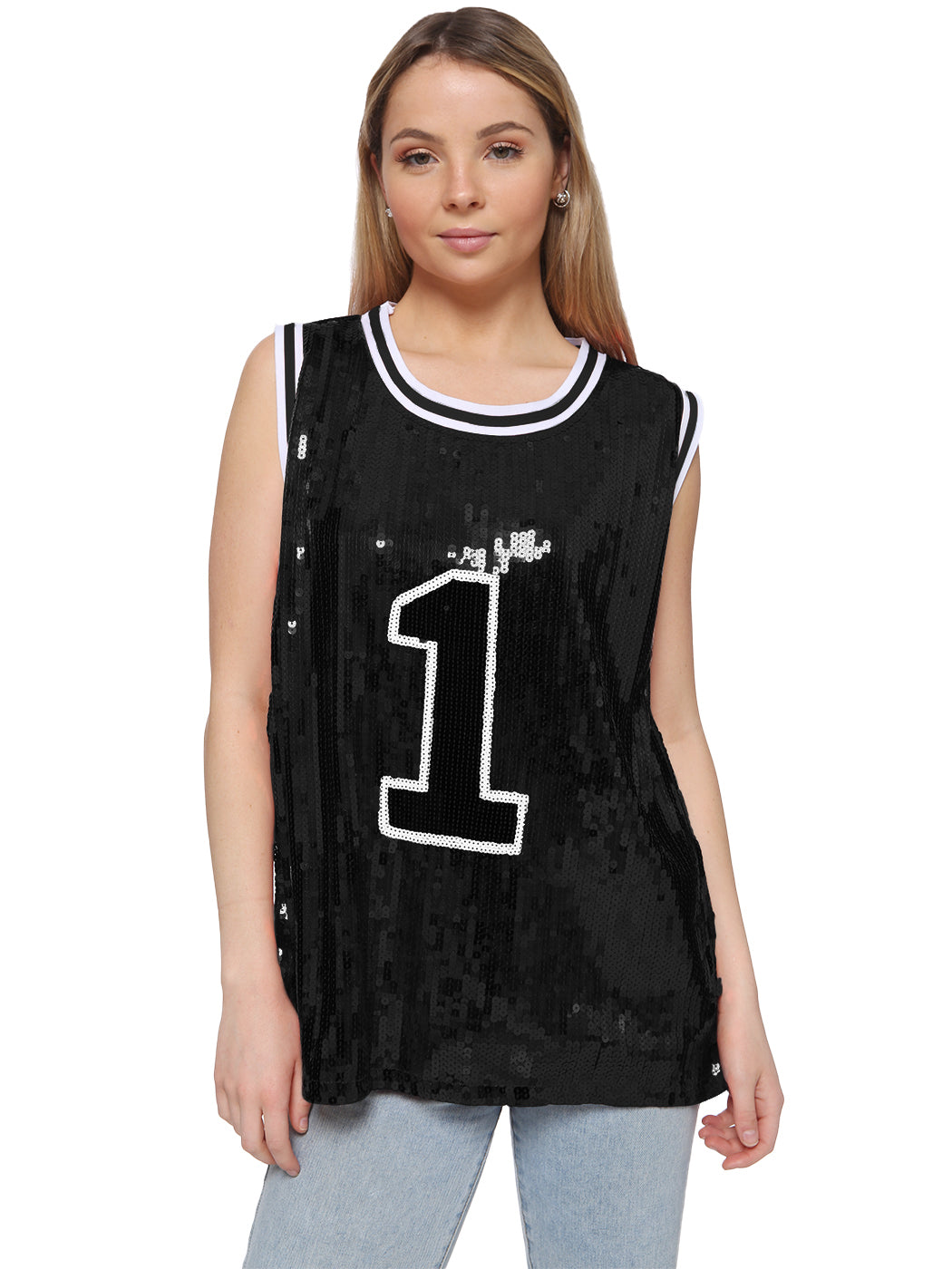 Sparkle Glitter Hip Hop Number 1 T-Shirt Top Blouse Tunic Sequins Basketball Tank Vests
