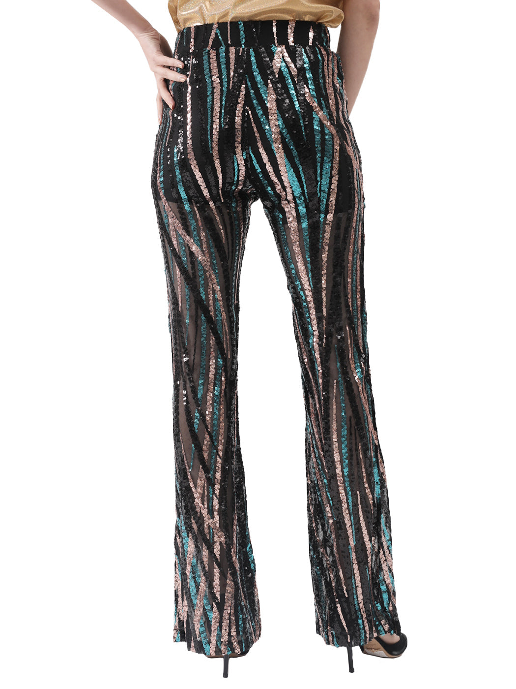 Pantalones de lentejuelas, pierna ancha, cintura alta, pantalones coloridos para fiesta de discoteca