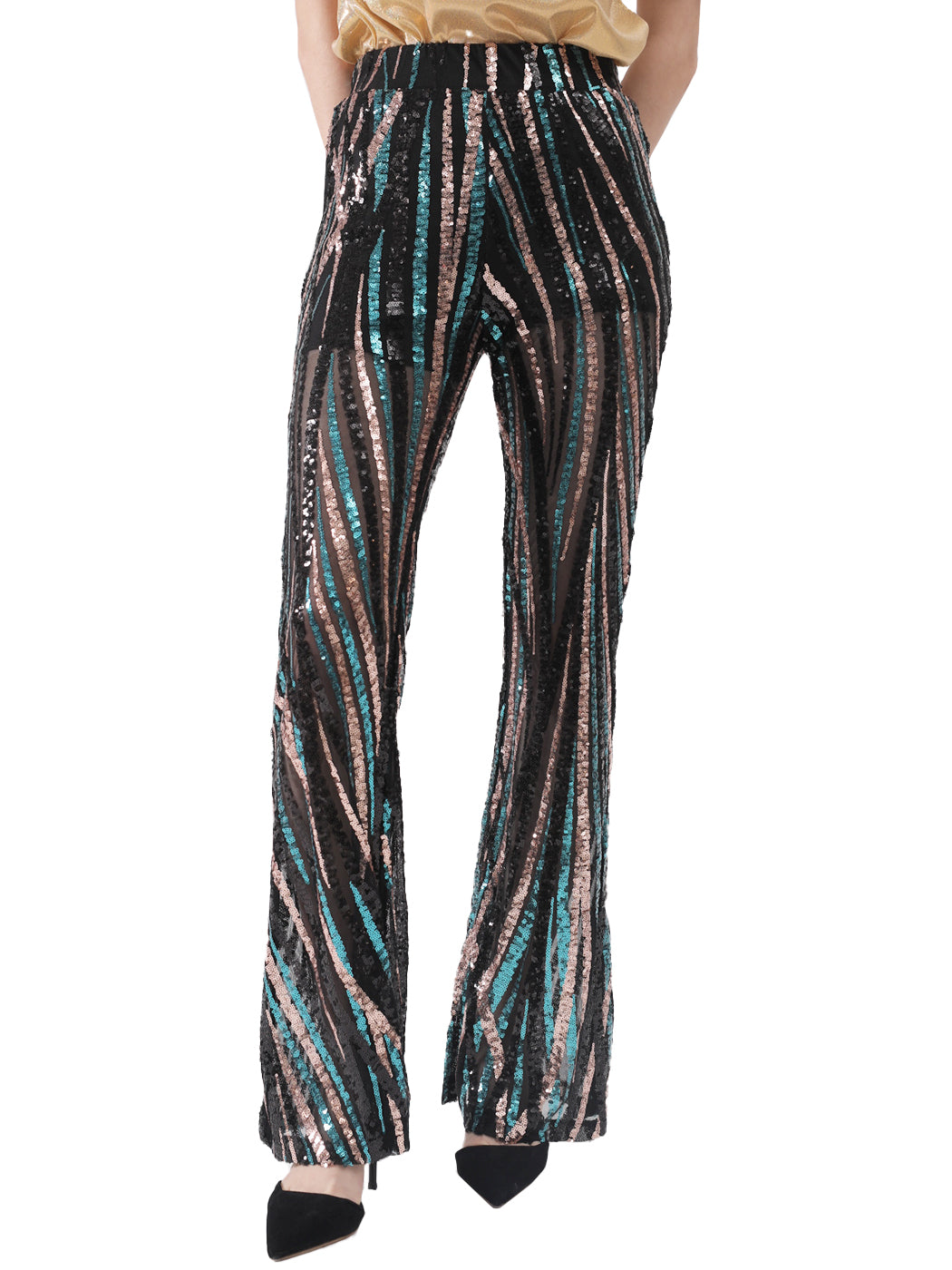 Pantalones de lentejuelas, pierna ancha, cintura alta, pantalones coloridos para fiesta de discoteca