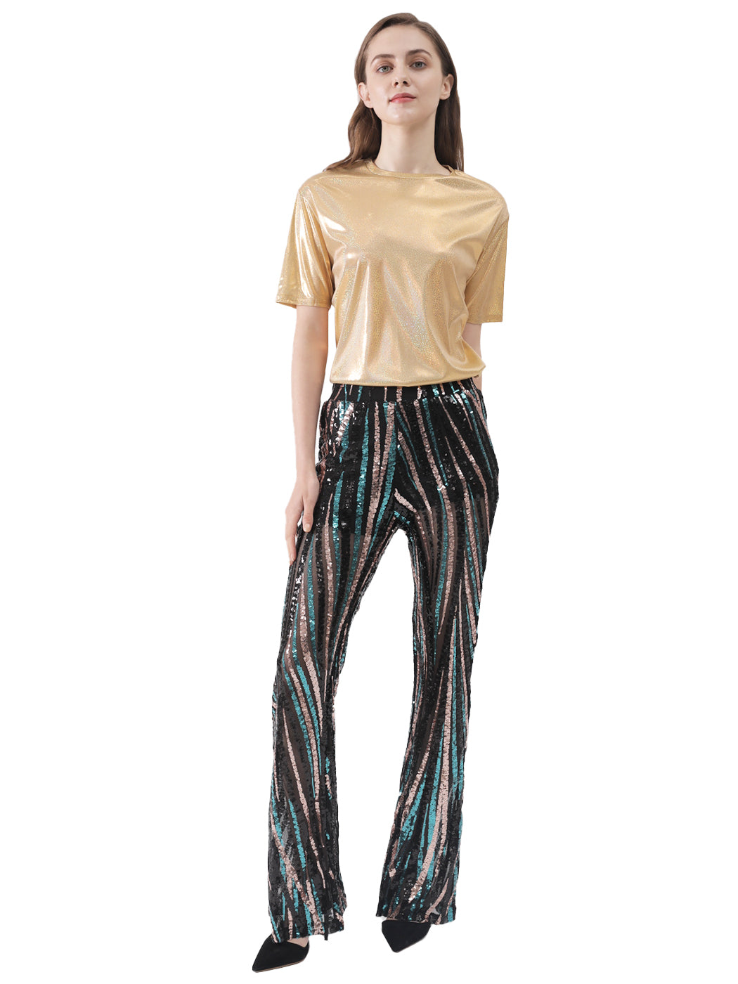 Pantalones de lentejuelas, pierna ancha, cintura alta, pantalones coloridos para fiesta de discoteca