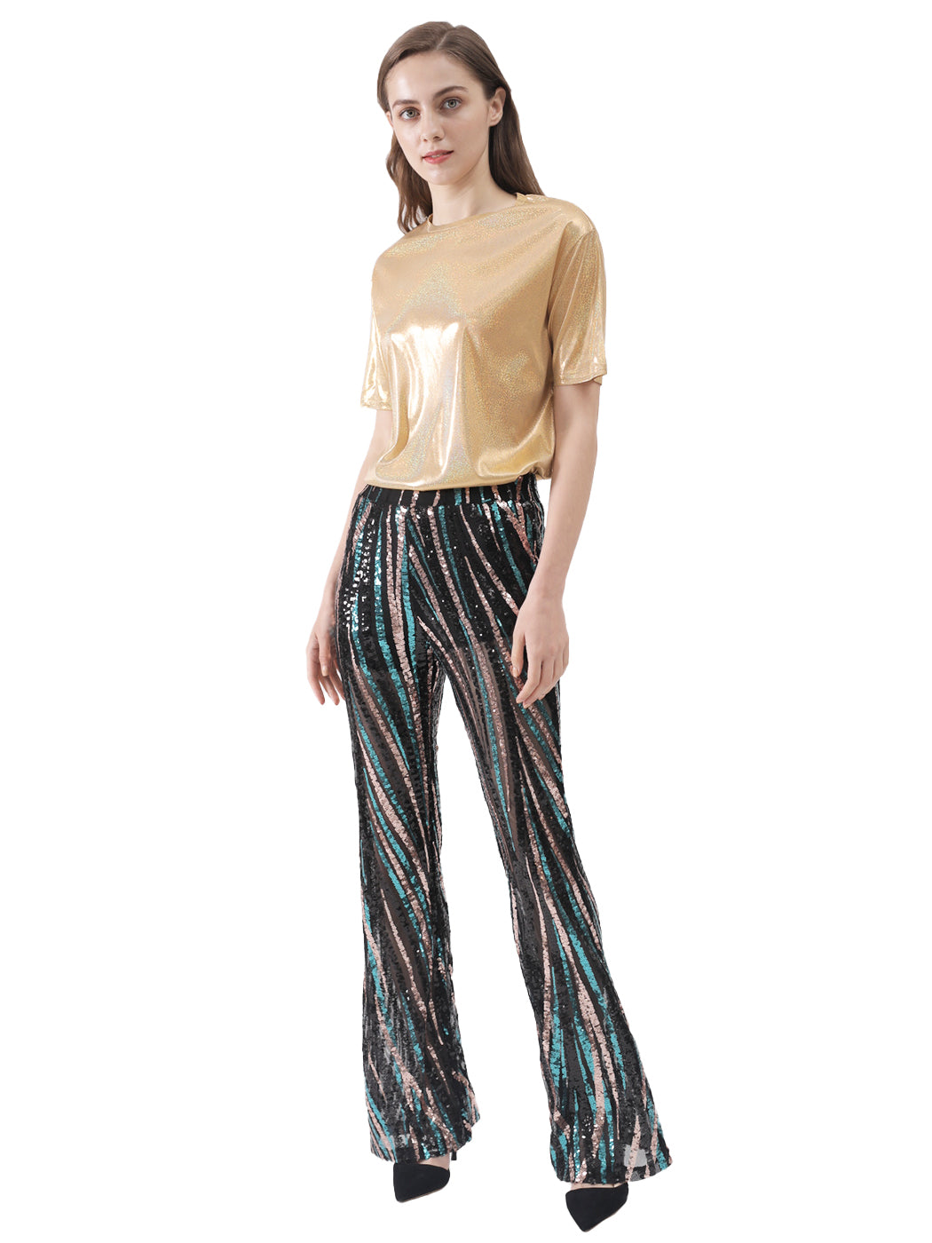 Pantalones de lentejuelas, pierna ancha, cintura alta, pantalones coloridos para fiesta de discoteca
