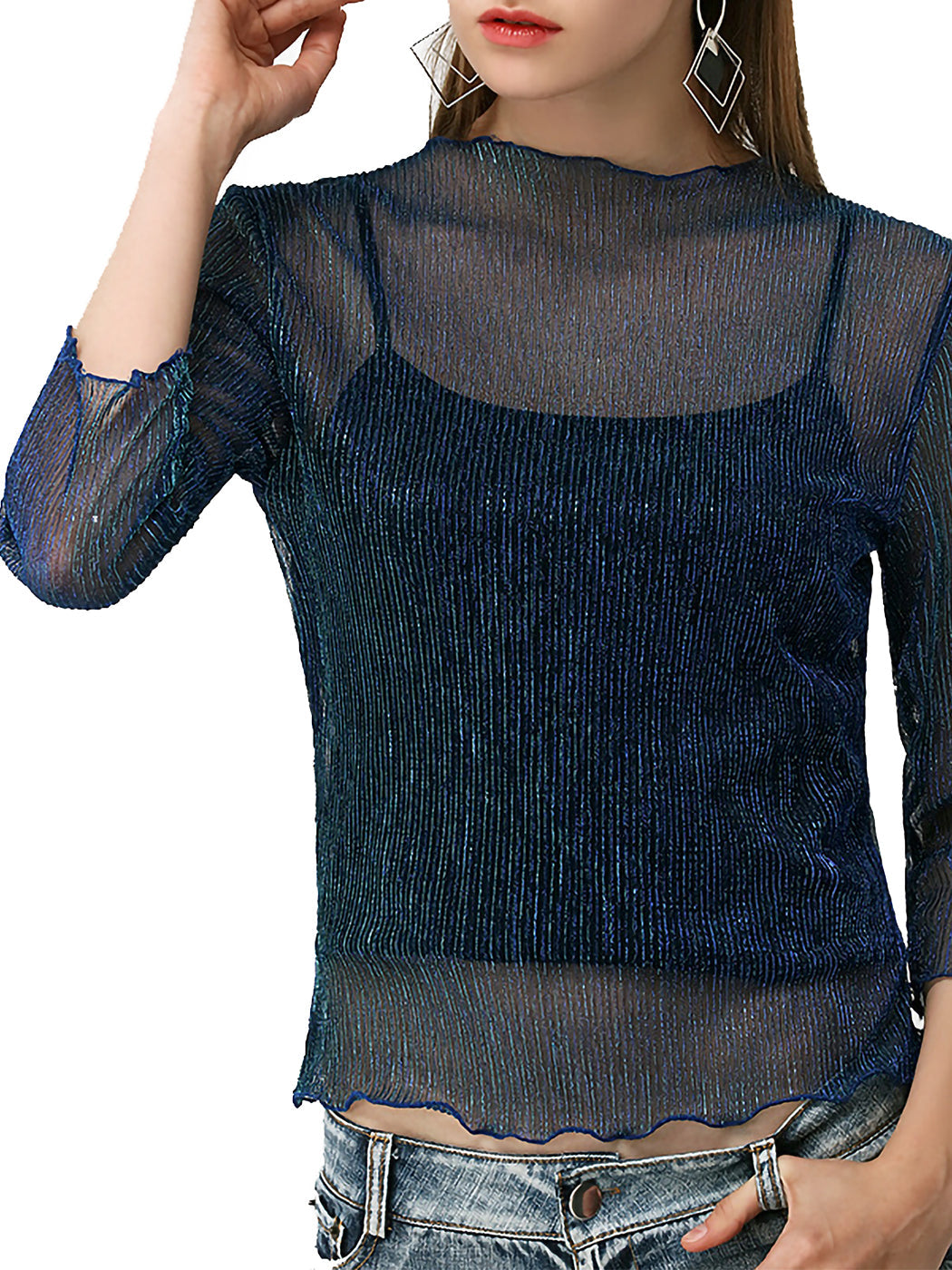Top sexy de malla transparente con mangas 3/4