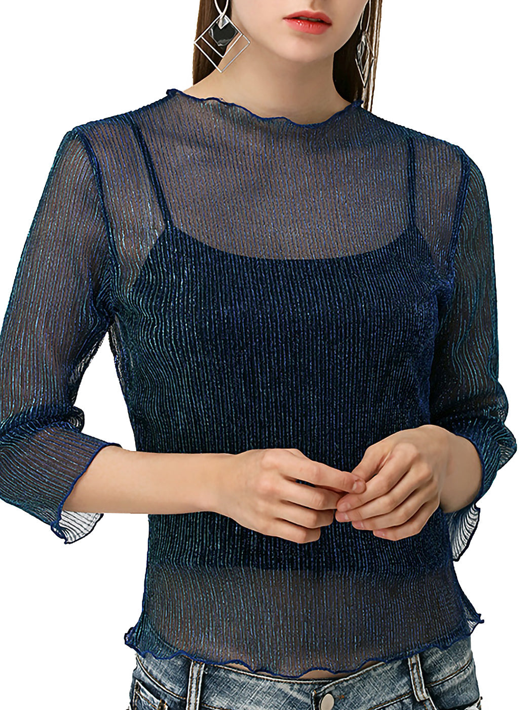 Top sexy de malla transparente con mangas 3/4