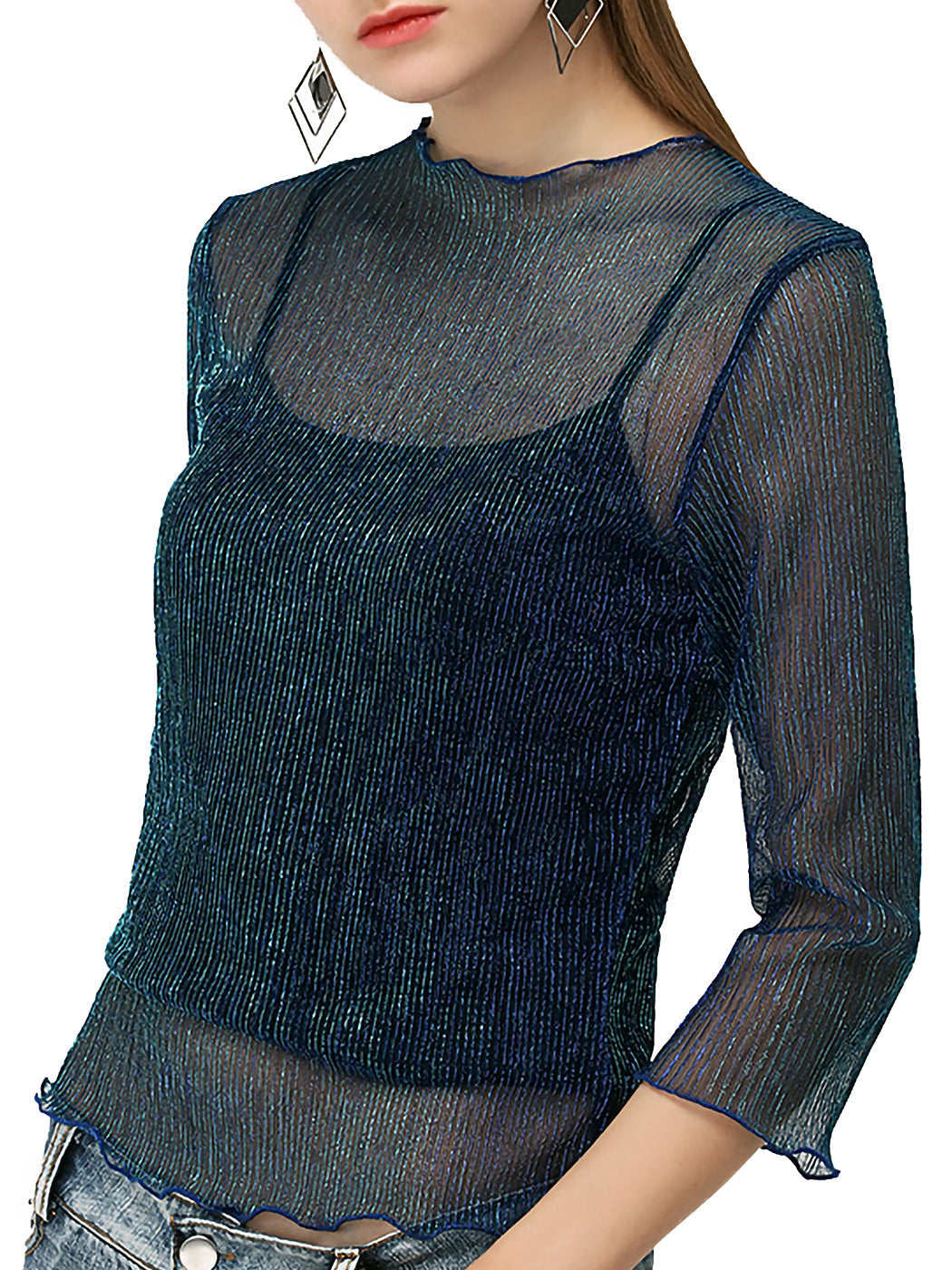 Top sexy de malla transparente con mangas 3/4