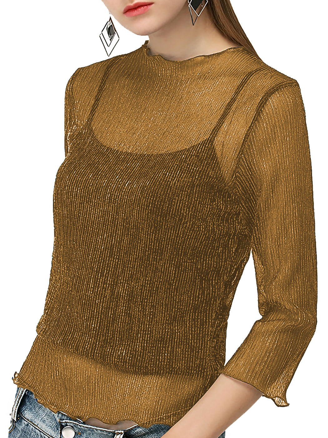 Top sexy de malla transparente con mangas 3/4