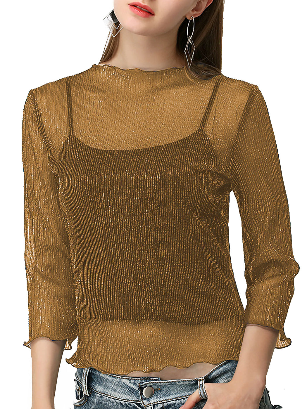 Top sexy de malla transparente con mangas 3/4