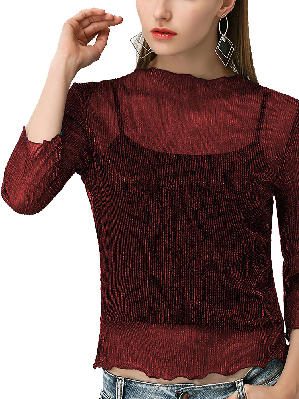 Top sexy de malla transparente con mangas 3/4