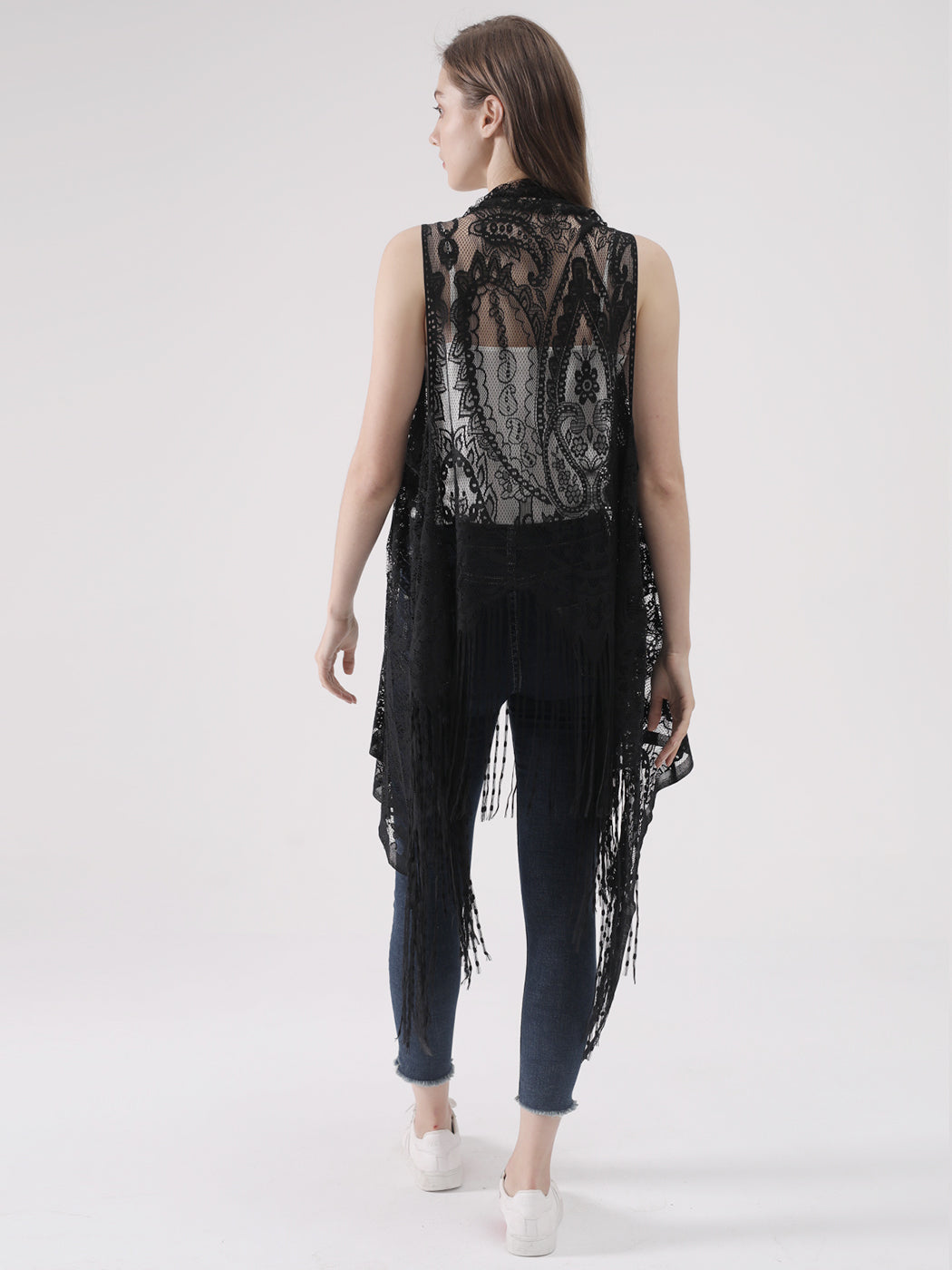 Cárdigan de encaje sexy con perspectiva ahuecada, chaleco irregular, blusa de crochet abierta al frente