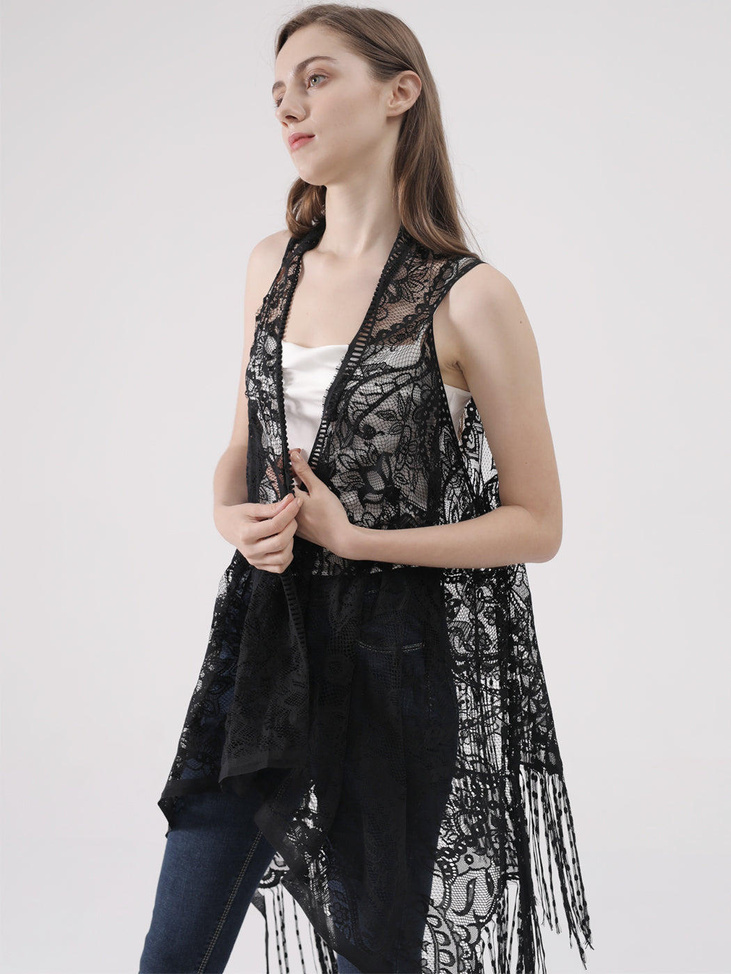 Cárdigan de encaje sexy con perspectiva ahuecada, chaleco irregular, blusa de crochet abierta al frente