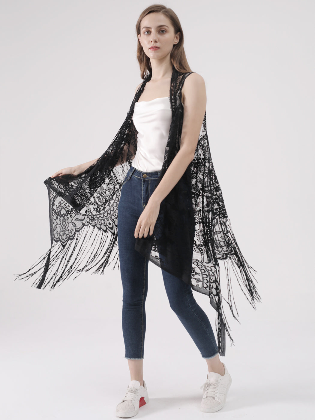 Cárdigan de encaje sexy con perspectiva ahuecada, chaleco irregular, blusa de crochet abierta al frente