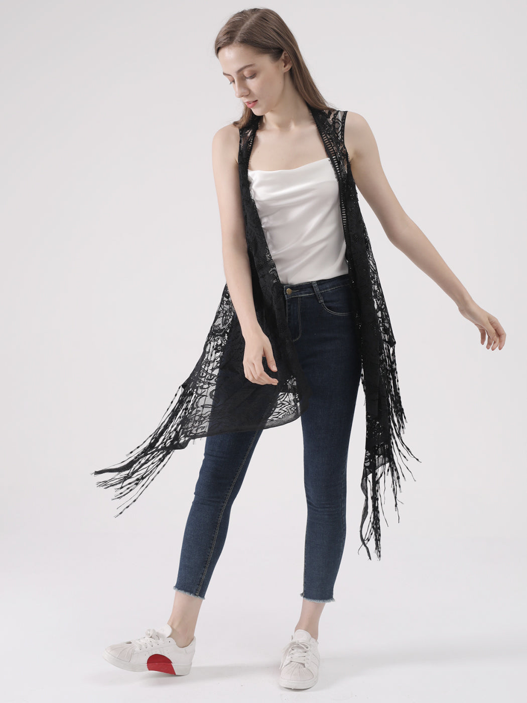 Cárdigan de encaje sexy con perspectiva ahuecada, chaleco irregular, blusa de crochet abierta al frente