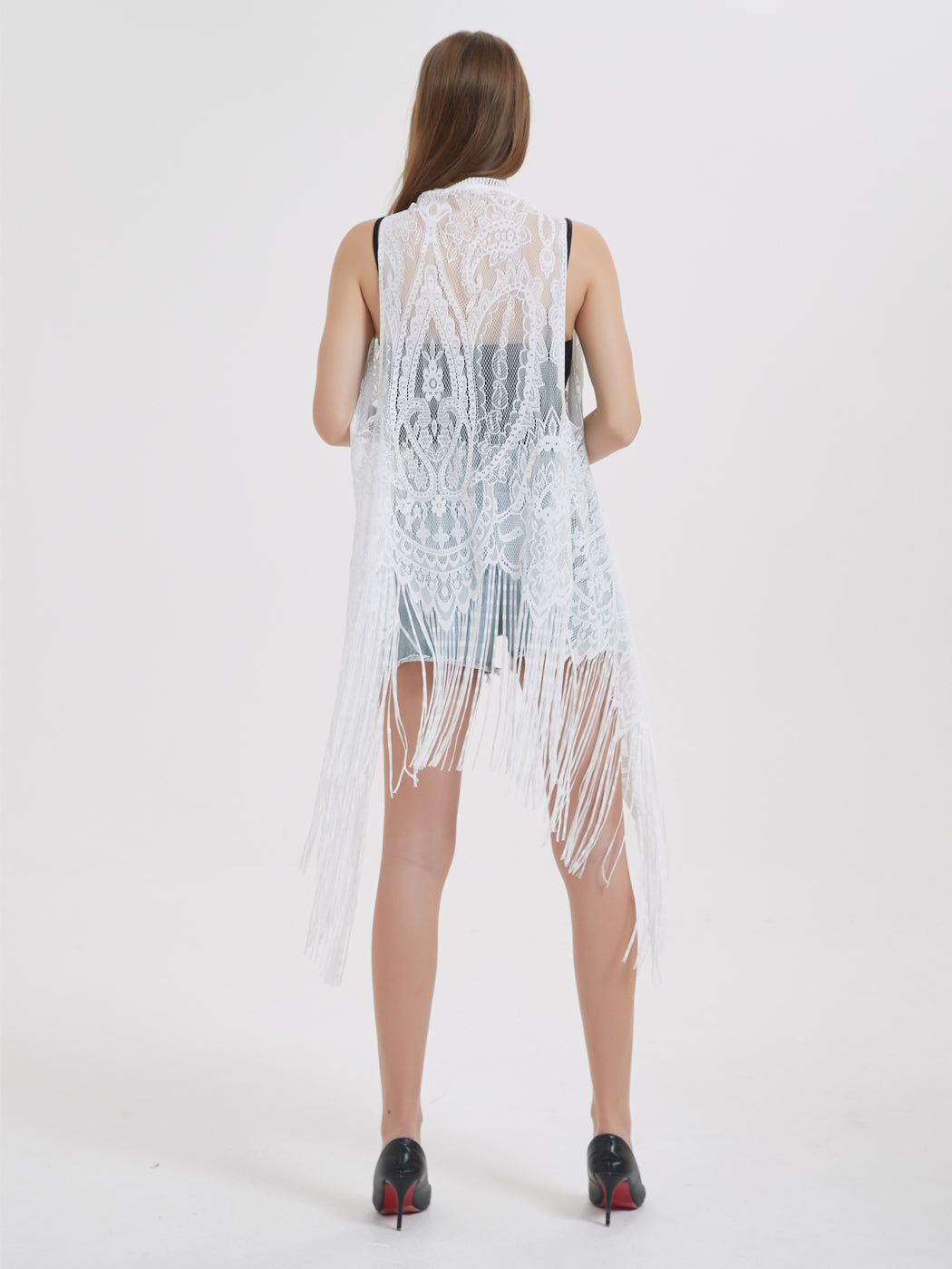 Cárdigan de encaje sexy con perspectiva ahuecada, chaleco irregular, blusa de crochet abierta al frente