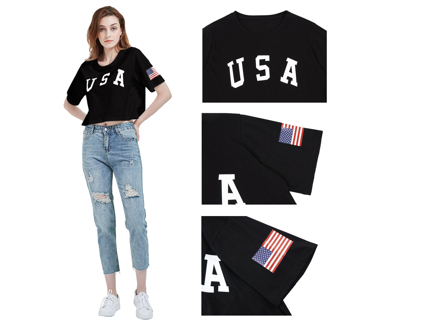 Camiseta de manga corta con estampado de letras para mujer de Anna-Kaci con la bandera de EE. UU. del 4 de julio