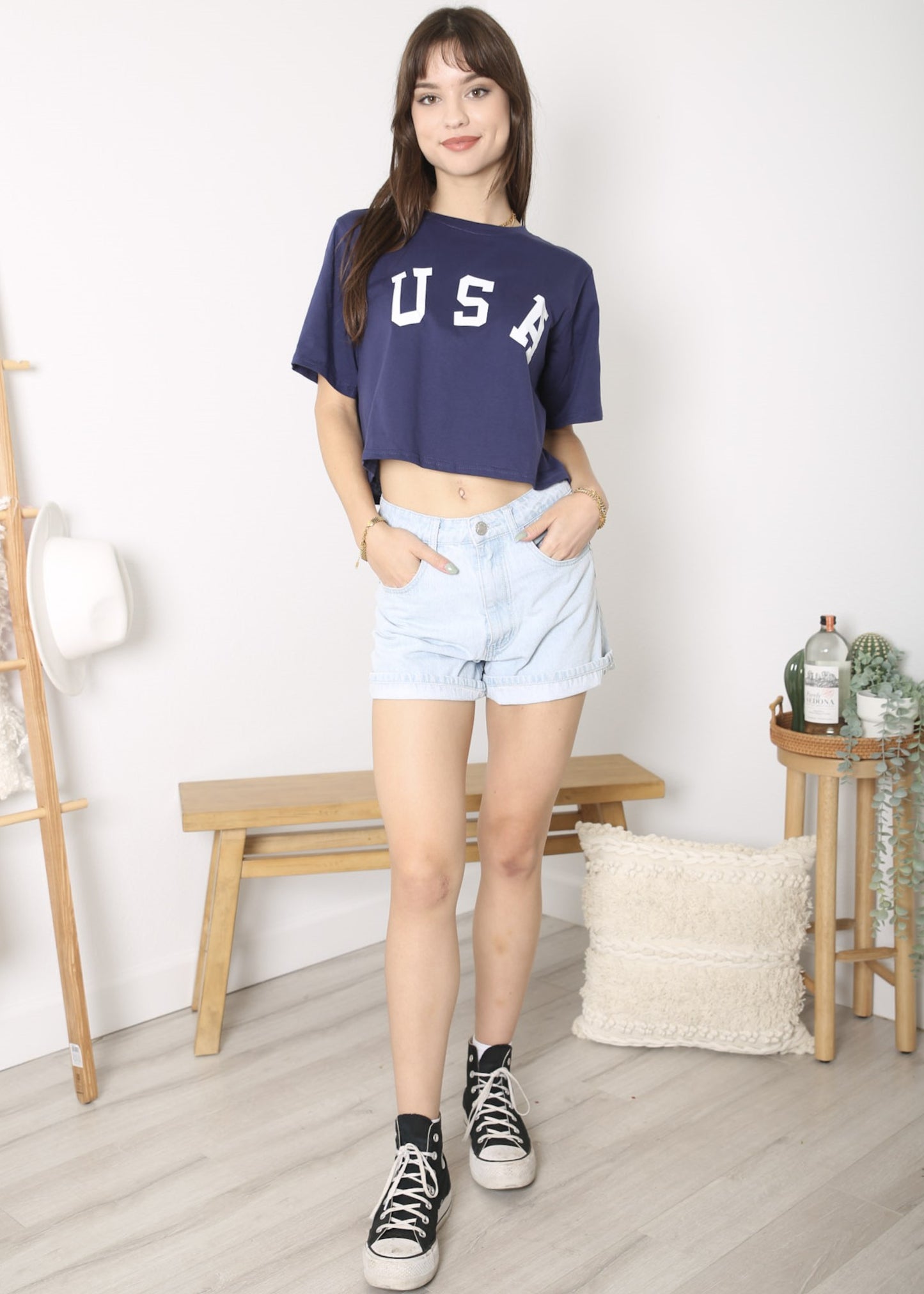 Camiseta de manga corta con estampado de letras para mujer de Anna-Kaci con la bandera de EE. UU. del 4 de julio